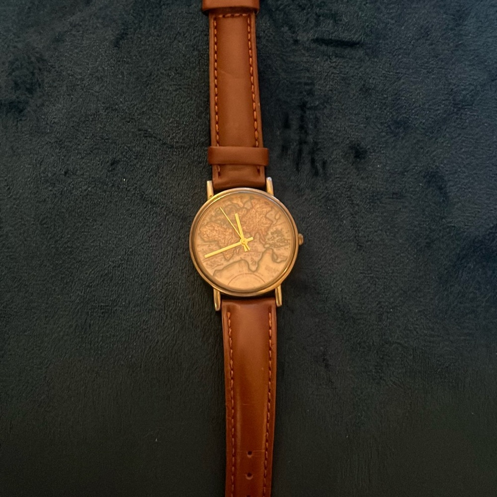 Globe watch with brown leather band